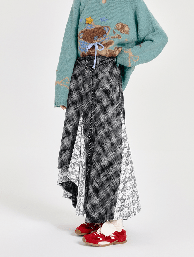 Retro Plaid Lace Panel Asymmetrical Midi Skirt - COPPING THREADS - CT Select