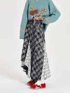 Retro Plaid Lace Panel Asymmetrical Midi Skirt - COPPING THREADS - CT Select