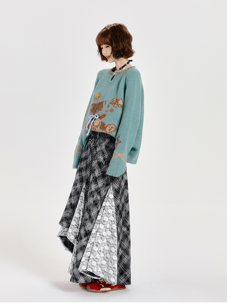 Retro Plaid Lace Panel Asymmetrical Midi Skirt - COPPING THREADS - CT Select