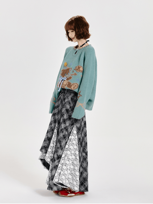 Retro Plaid Lace Panel Asymmetrical Midi Skirt - COPPING THREADS - CT Select