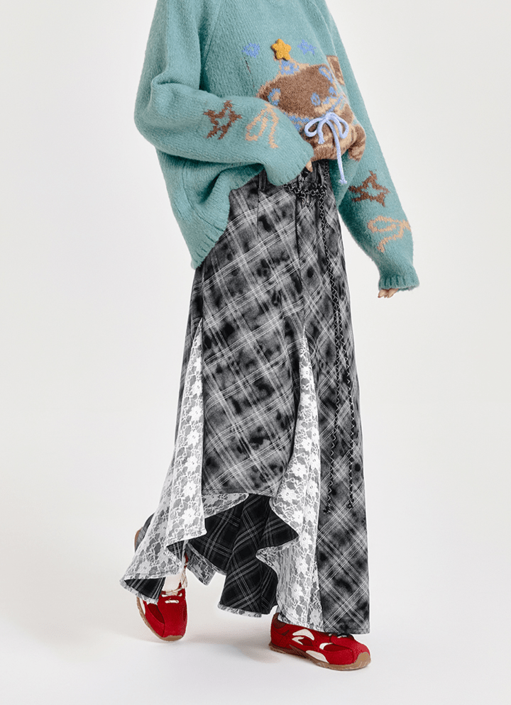 Retro Plaid Lace Panel Asymmetrical Midi Skirt - COPPING THREADS - CT Select