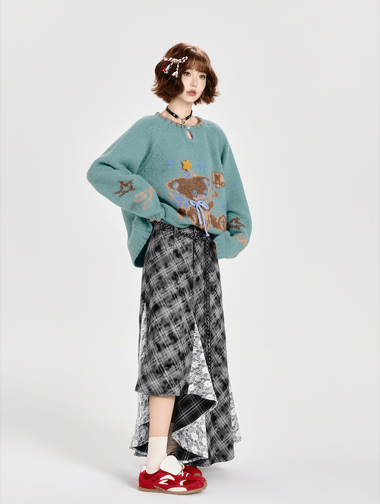 Retro Plaid Lace Panel Asymmetrical Midi Skirt - COPPING THREADS - CT Select