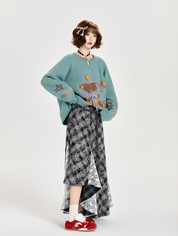 Retro Plaid Lace Panel Asymmetrical Midi Skirt - COPPING THREADS - CT Select