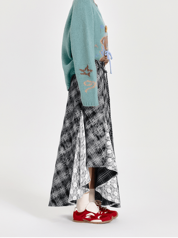 Retro Plaid Lace Panel Asymmetrical Midi Skirt - COPPING THREADS - CT Select