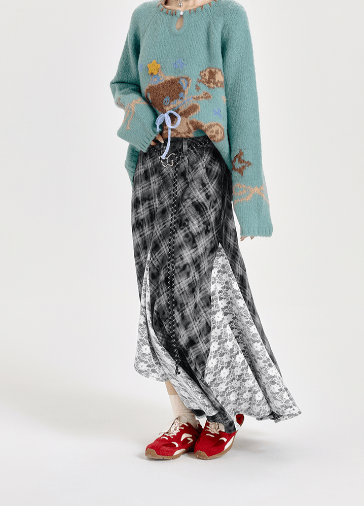 Retro Plaid Lace Panel Asymmetrical Midi Skirt - COPPING THREADS - CT Select