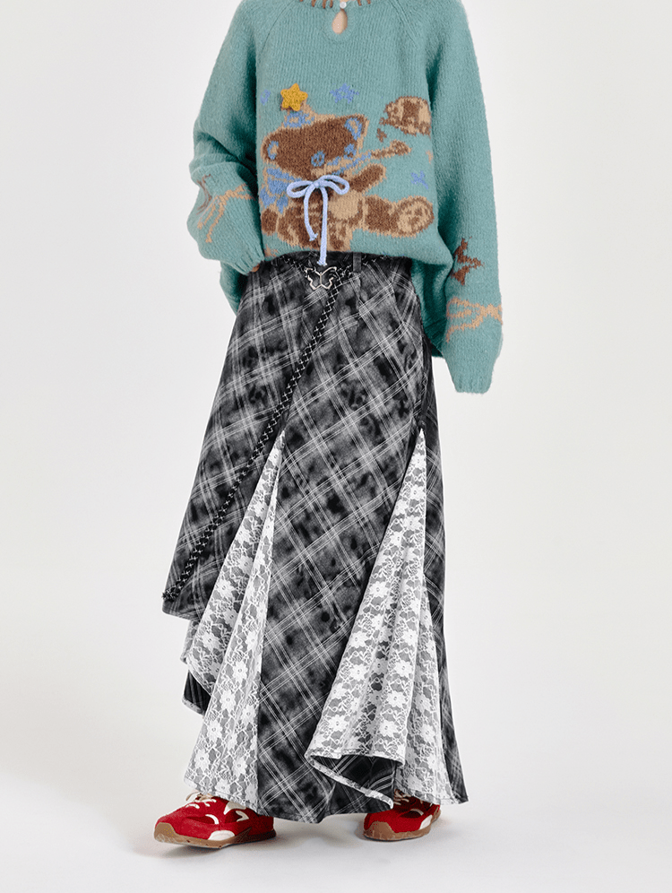 Retro Plaid Lace Panel Asymmetrical Midi Skirt - COPPING THREADS - CT Select Hauptbild