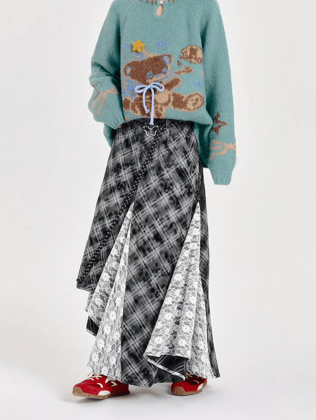 Retro Plaid Lace Panel Asymmetrical Midi Skirt - COPPING THREADS - CT Select Hover Image