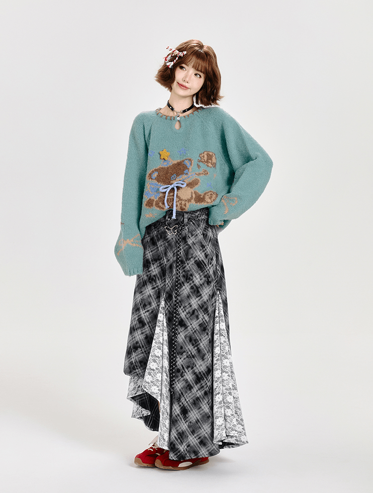 Retro Plaid Lace Panel Asymmetrical Midi Skirt - COPPING THREADS - CT Select