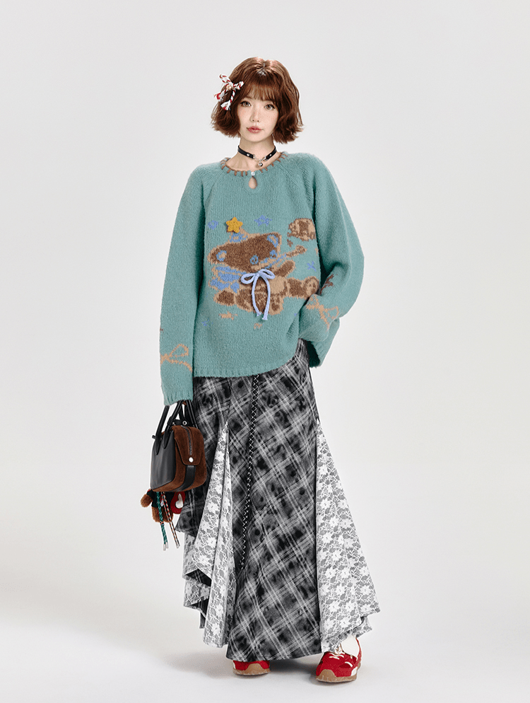 Retro Plaid Lace Panel Asymmetrical Midi Skirt - COPPING THREADS - CT Select