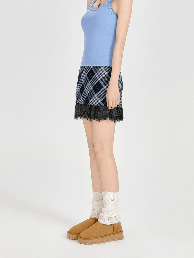 Retro Plaid Lace-Trimmed Mini Skirt Main Image