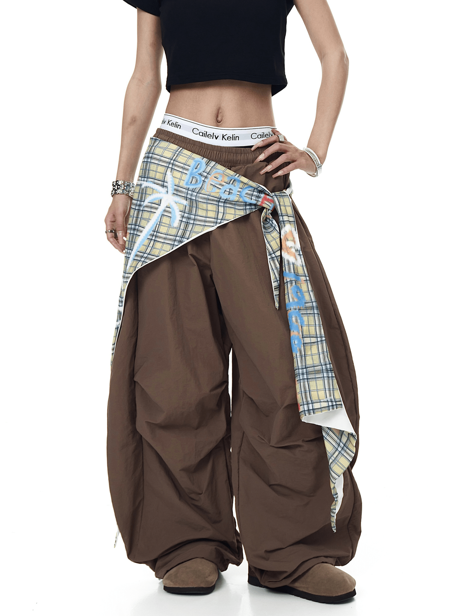 Retro Plaid Layered Paratrooper Pants with Detachable Skirt Panel - COPPING THREADS - CT Select
