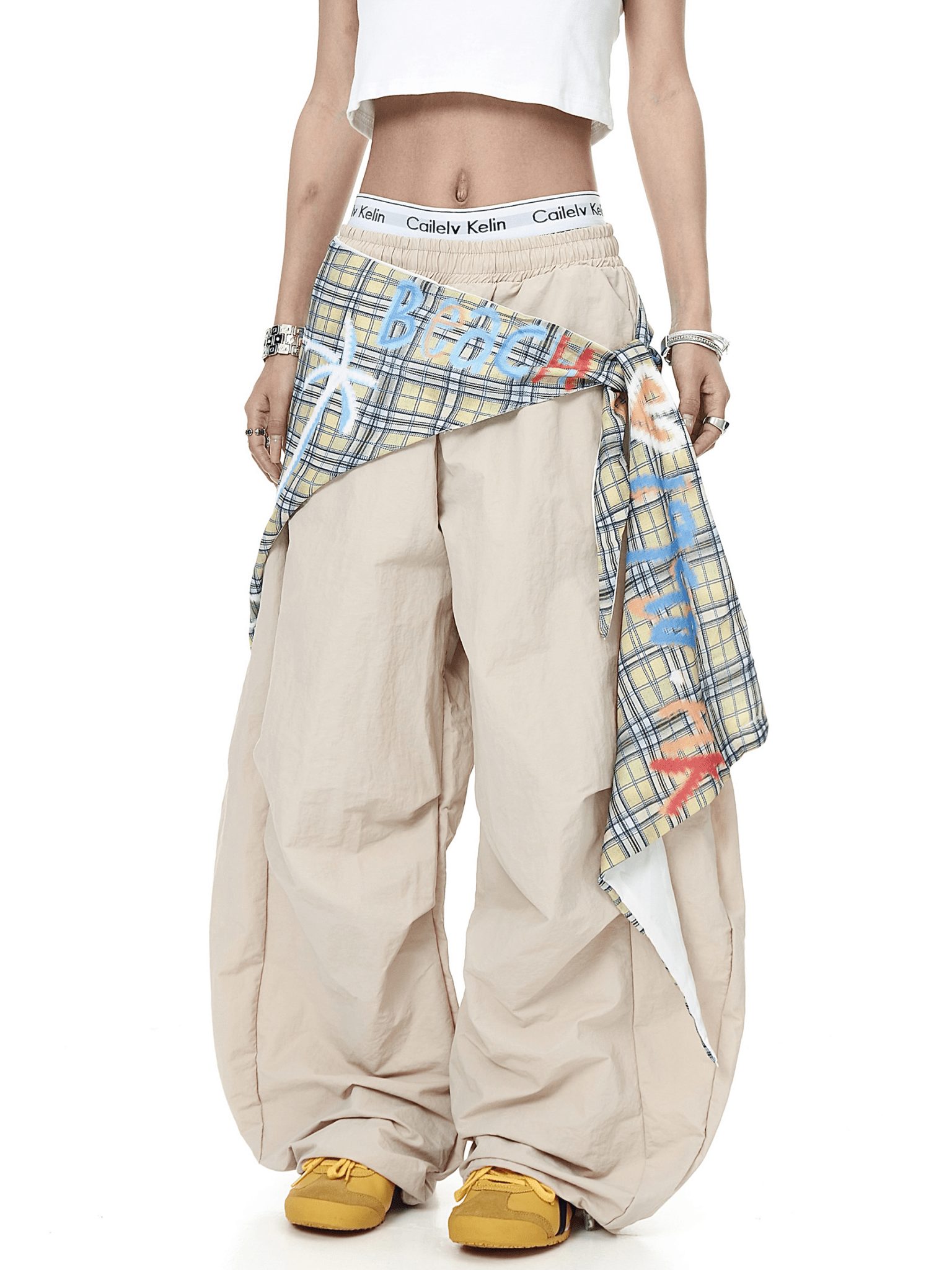 Retro Plaid Layered Paratrooper Pants with Detachable Skirt Panel - COPPING THREADS - CT Select
