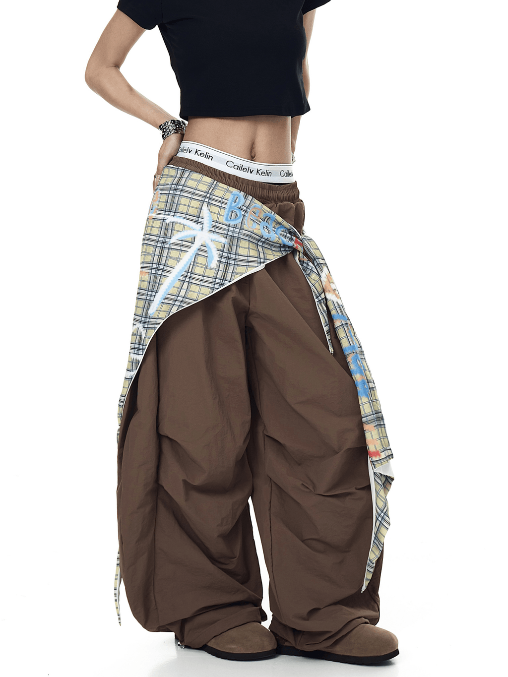 Retro Plaid Layered Paratrooper Pants with Detachable Skirt Panel - COPPING THREADS - CT Select