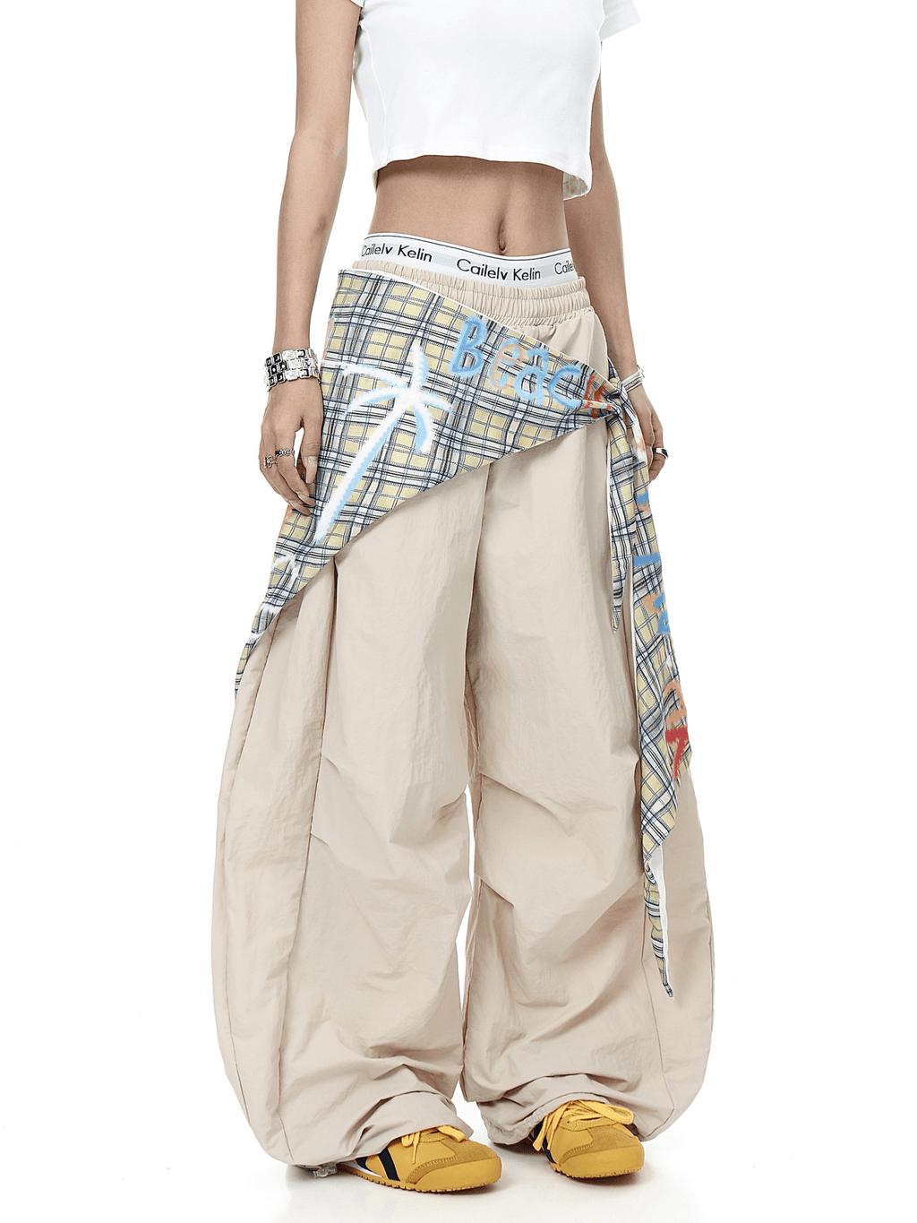Retro Plaid Layered Paratrooper Pants with Detachable Skirt Panel - COPPING THREADS - CT Select