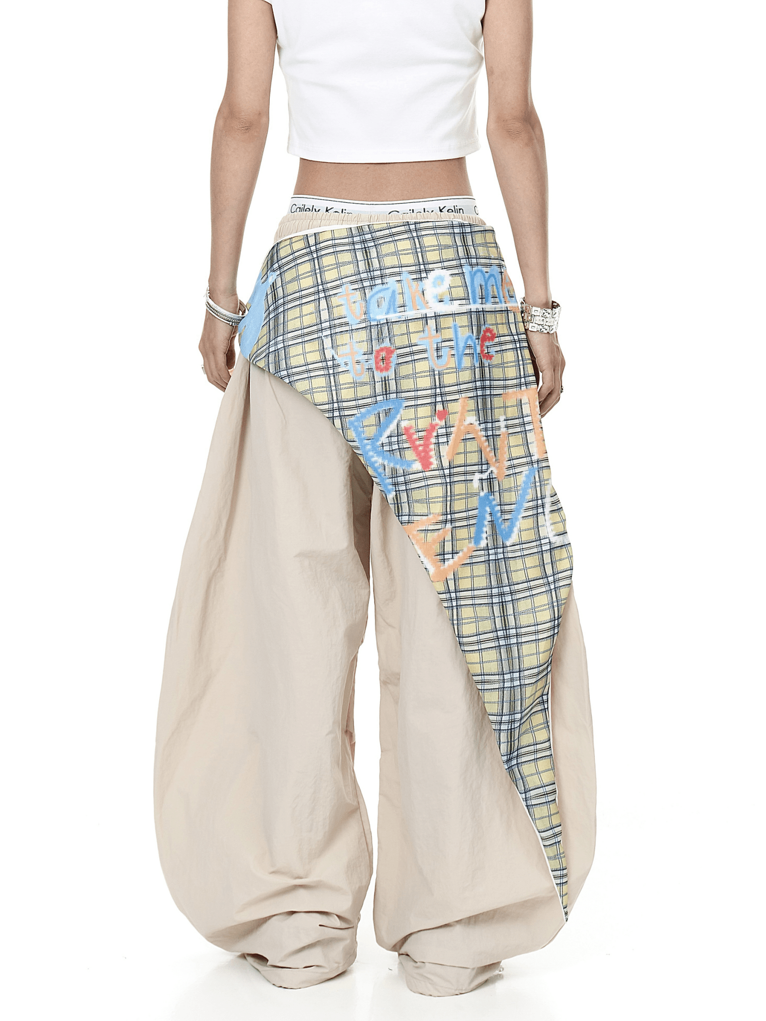 Retro Plaid Layered Paratrooper Pants with Detachable Skirt Panel Secondary image