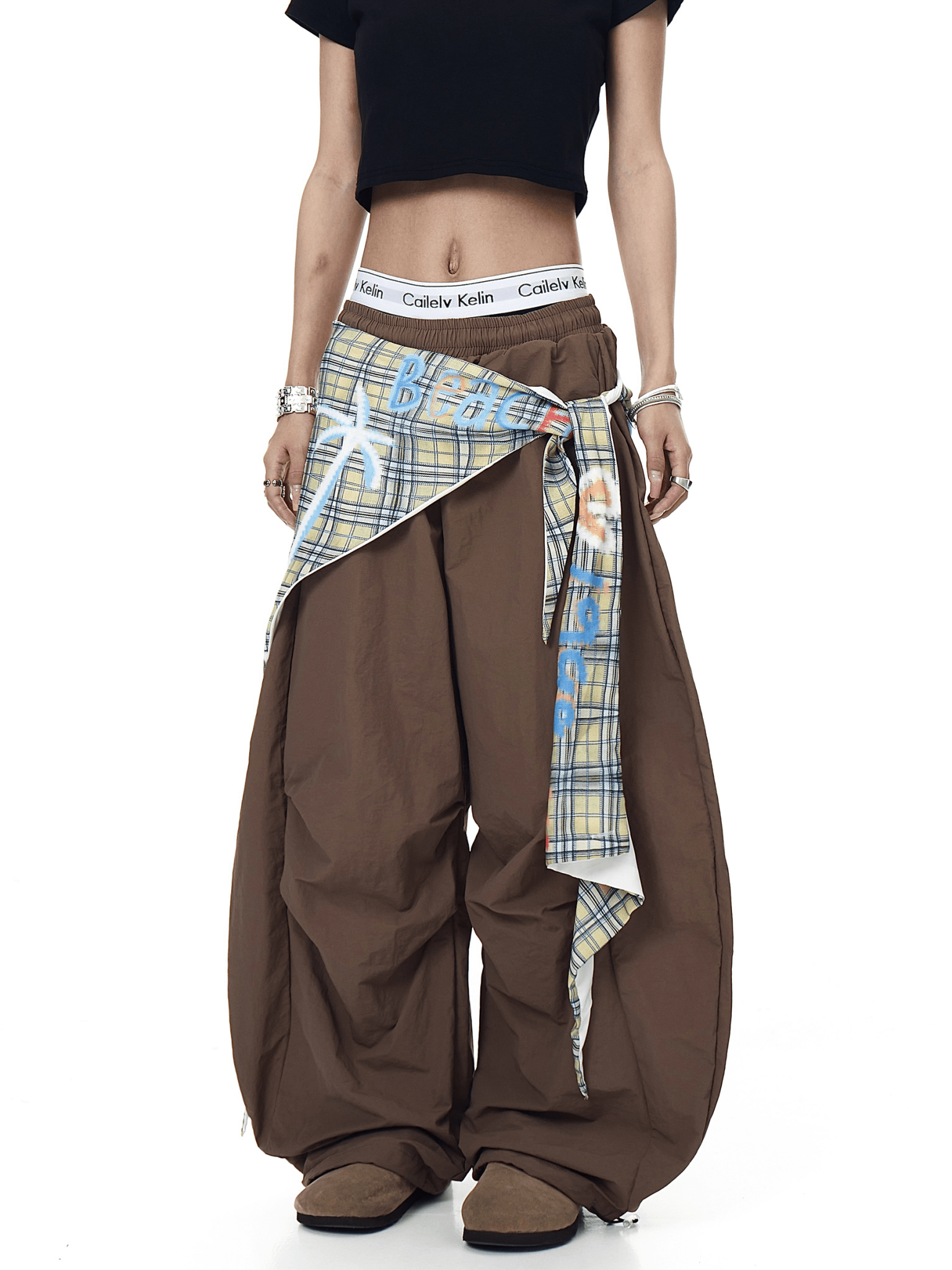 Retro Plaid Layered Paratrooper Pants with Detachable Skirt Panel - COPPING THREADS - CT Select