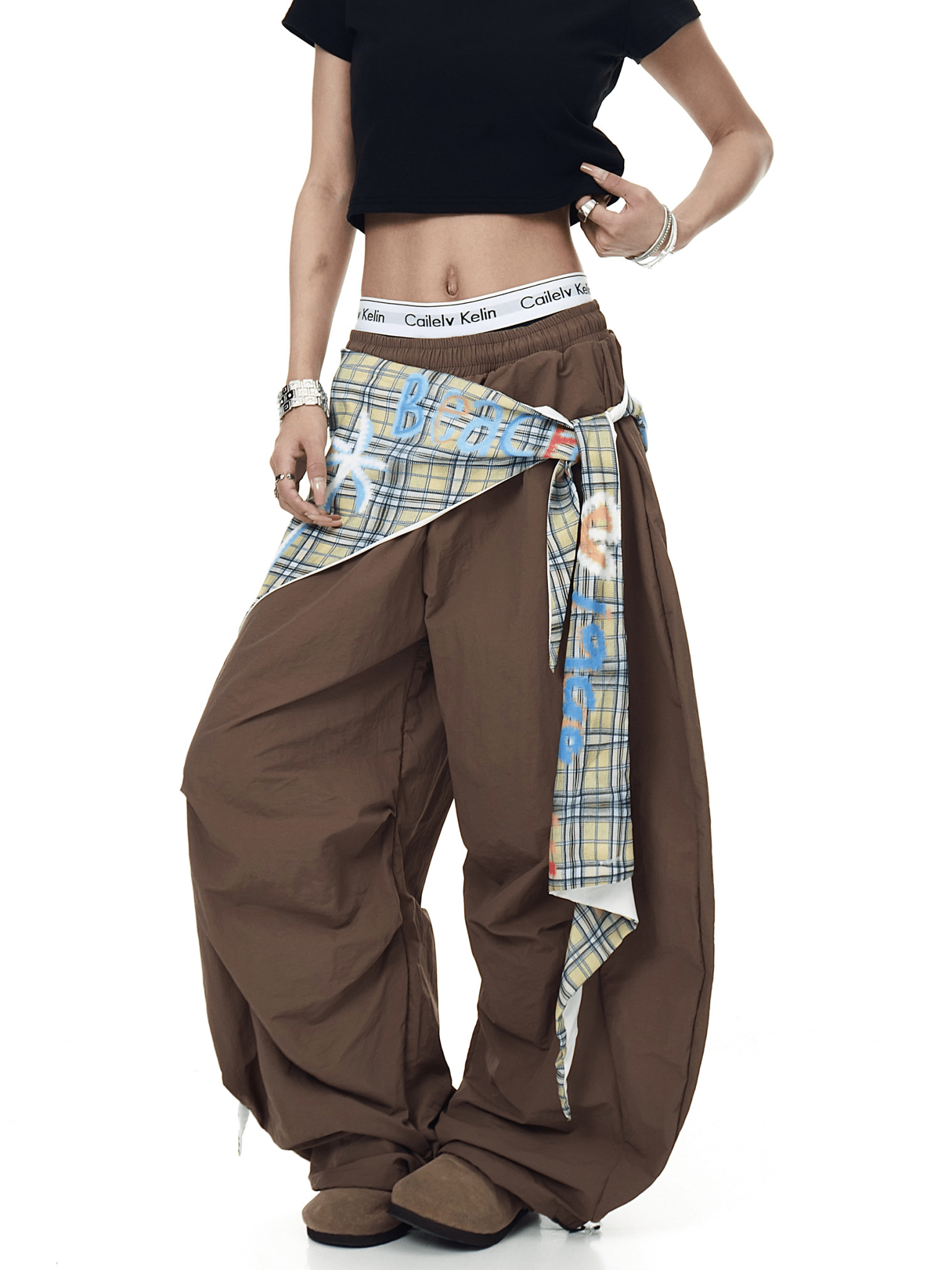 Retro Plaid Layered Paratrooper Pants with Detachable Skirt Panel - COPPING THREADS - CT Select