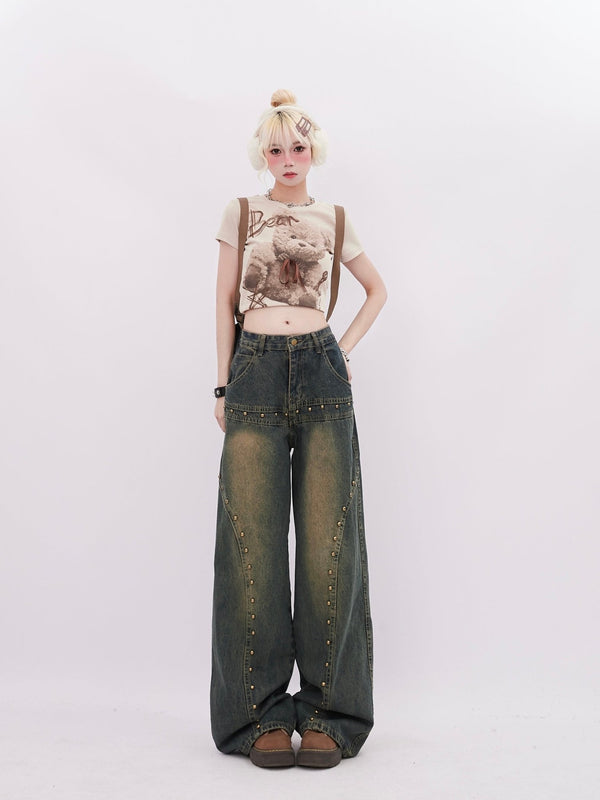 Retro Rivet - Embellished Wide - Leg Denim - COPPING THREADS - RAYOHOPP