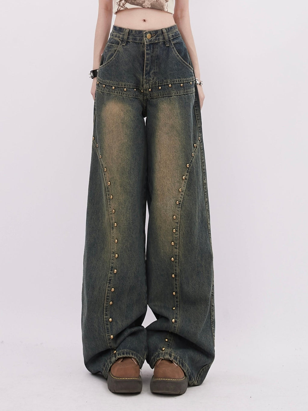 Retro Rivet - Embellished Wide - Leg Denim - COPPING THREADS - RAYOHOPP