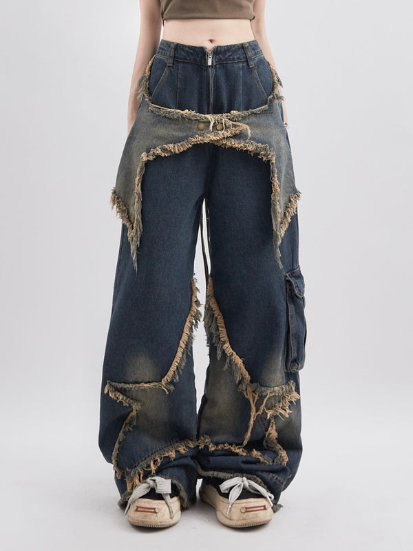 Retro Star Patch Embroidery Distressed Denim - COPPING THREADS - RAYOHOPP