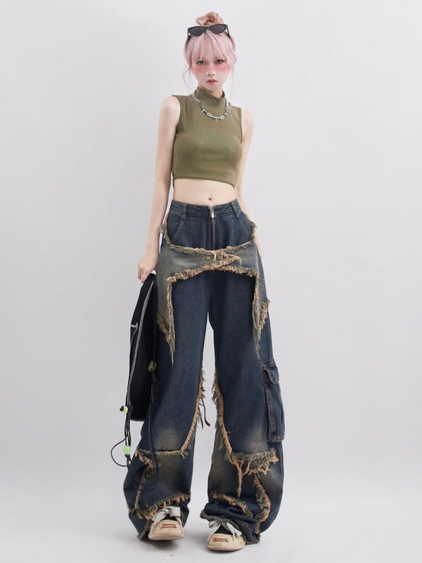 Retro Star Patch Embroidery Distressed Denim - COPPING THREADS - RAYOHOPP