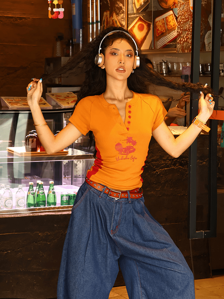 Retro Sunset Car Graphic Ribbed Tee - COPPING THREADS - Yokuku