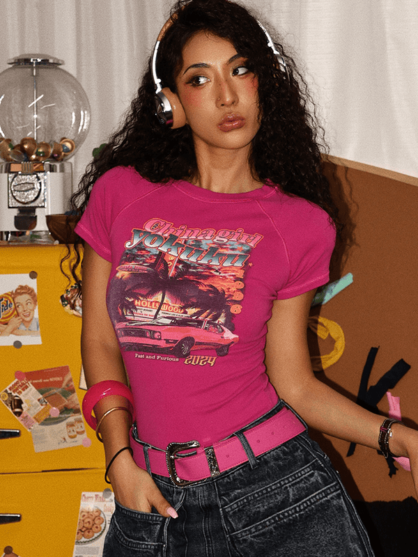 Retro Sunset Car Print Fitted Tee - COPPING THREADS - Yokuku