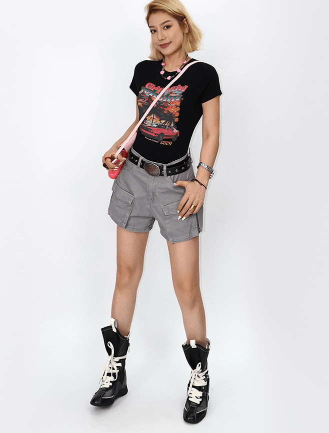 Retro Sunset Car Print Fitted Tee - COPPING THREADS - Yokuku