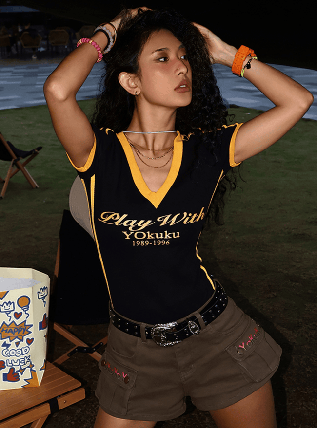 Retro V-Neck Letter Tee Main Image