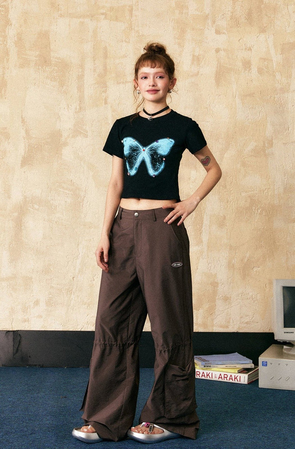 Rhinestone Butterfly Print Cropped Tee - COPPING THREADS - CHICISLAND