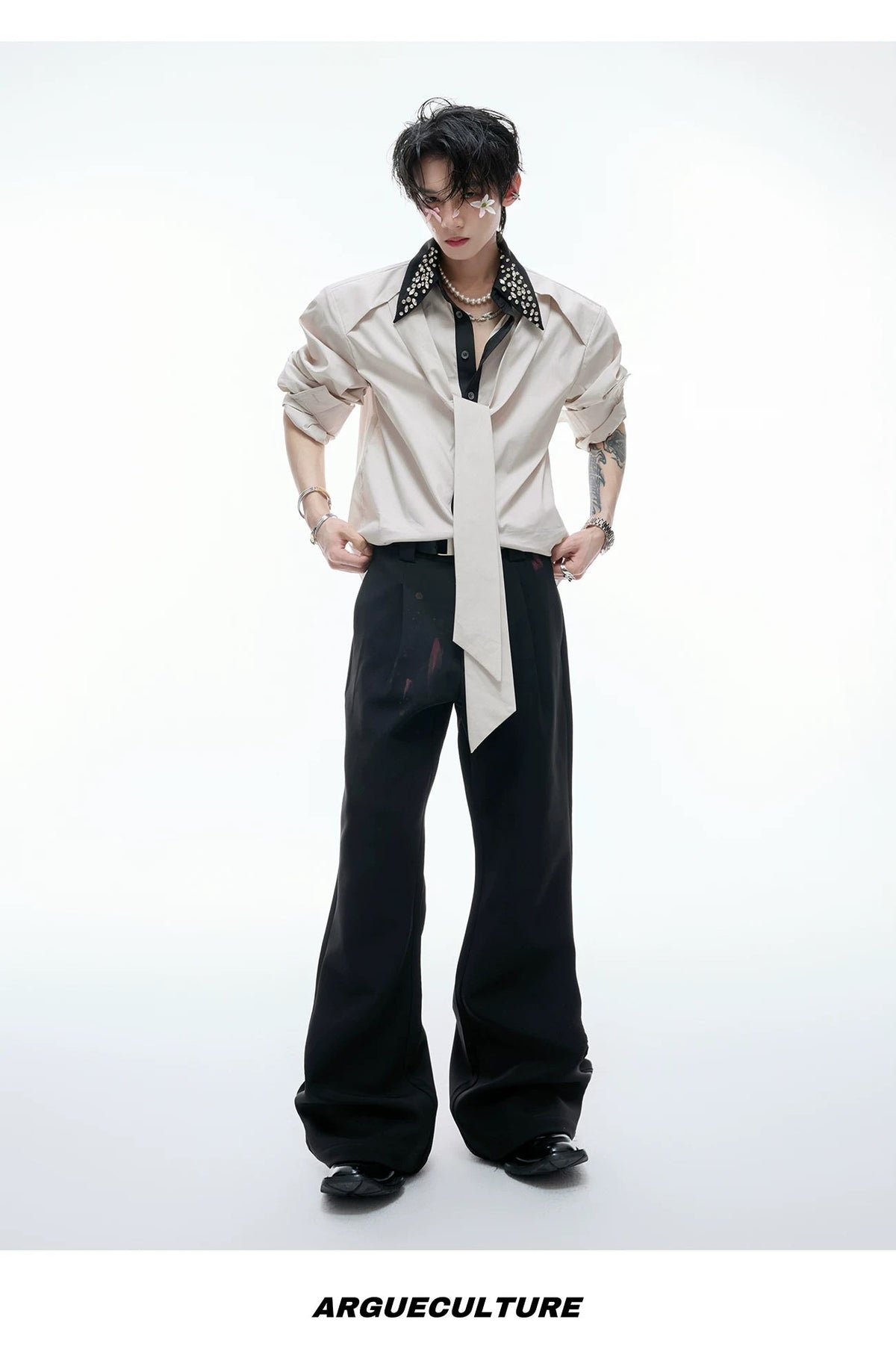 Rhinestone-Collar Contrast-Panel Shirt - COPPING THREADS - Argue Culture