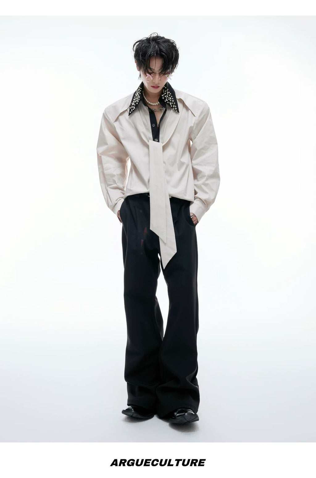 Rhinestone-Collar Contrast-Panel Shirt - COPPING THREADS - Argue Culture