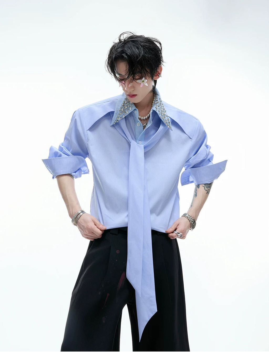 Rhinestone-Collar Contrast-Panel Shirt - COPPING THREADS - Argue Culture