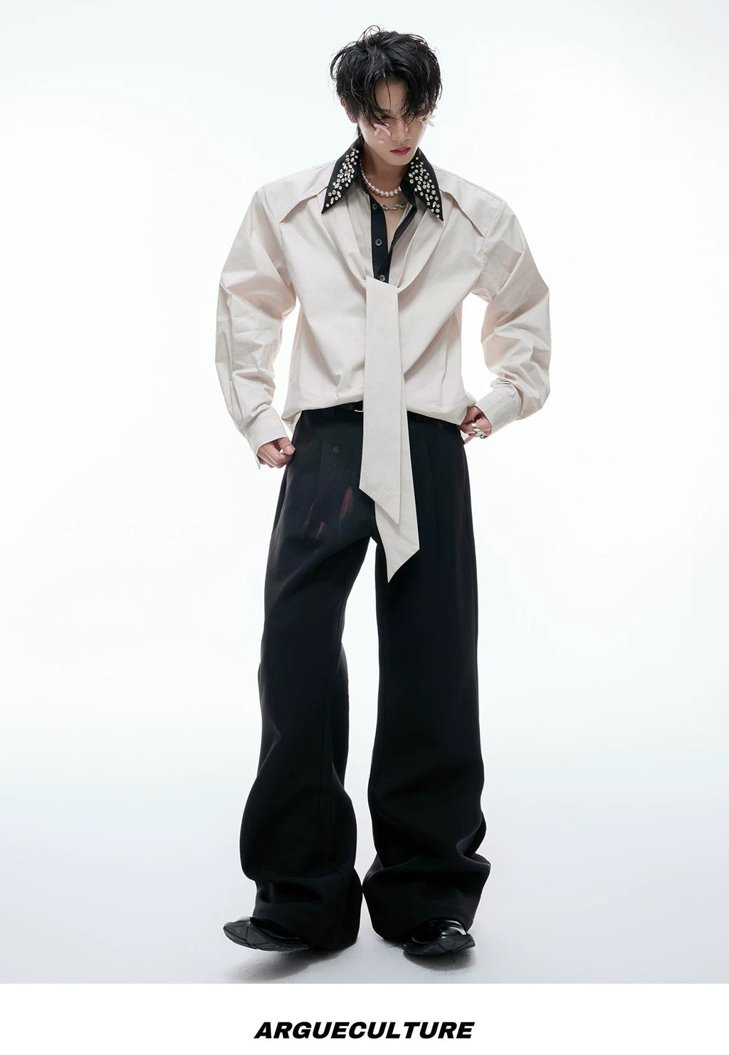 Rhinestone-Collar Contrast-Panel Shirt - COPPING THREADS - Argue Culture