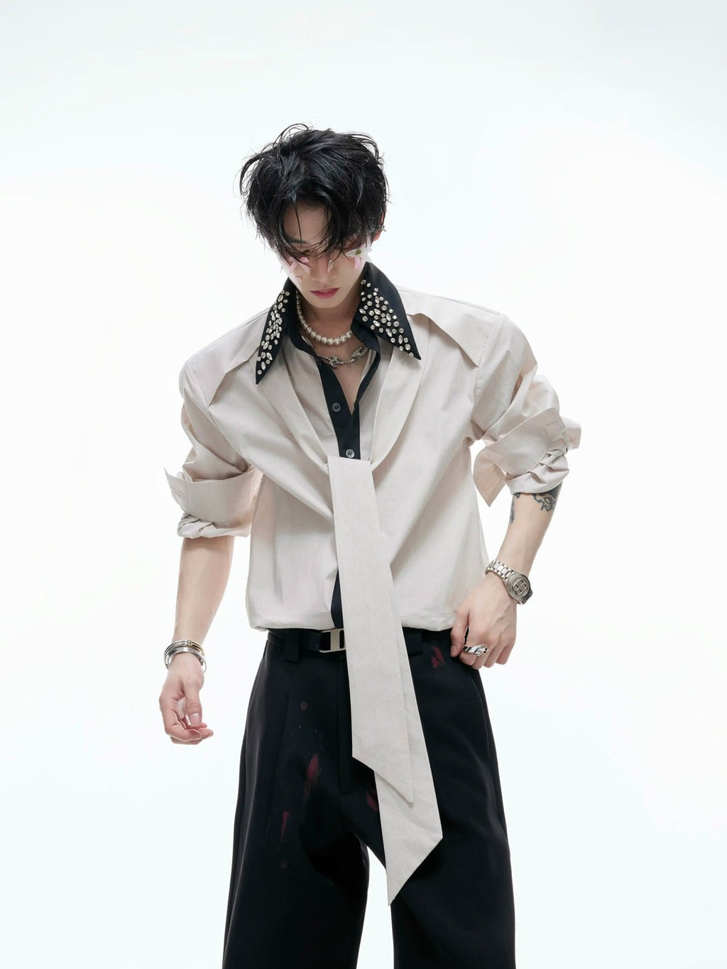 Rhinestone-Collar Contrast-Panel Shirt - COPPING THREADS - Argue Culture