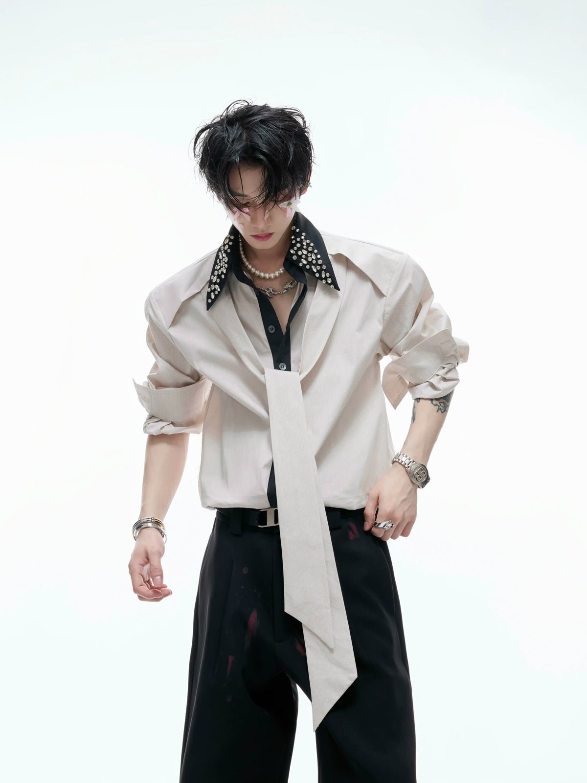 Rhinestone-Collar Contrast-Panel Shirt - COPPING THREADS - Argue Culture