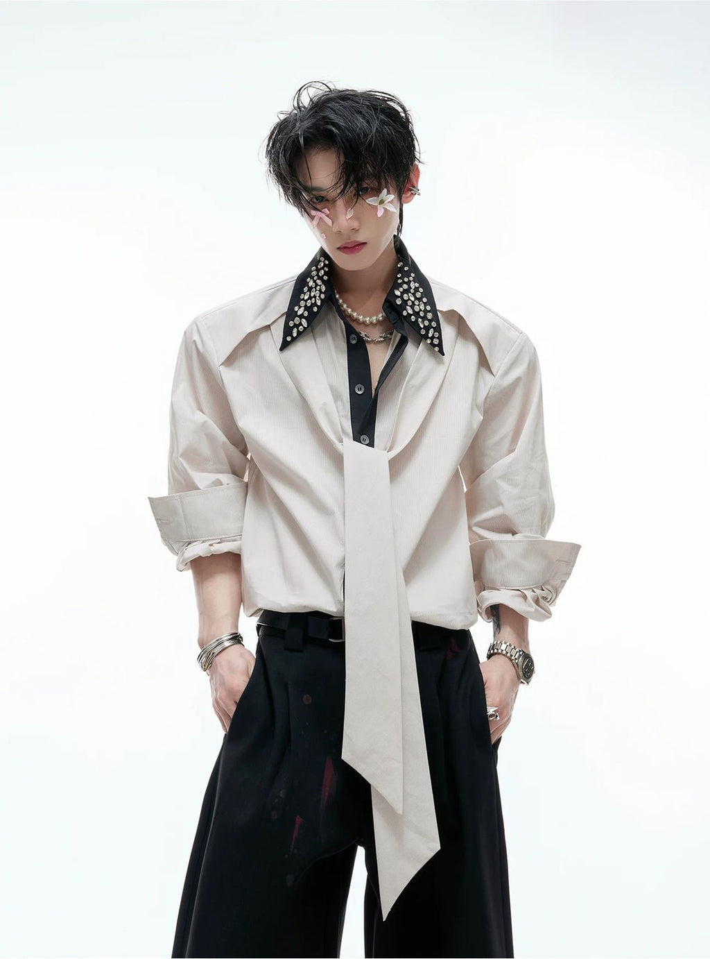 Rhinestone-Collar Contrast-Panel Shirt - COPPING THREADS - Argue Culture