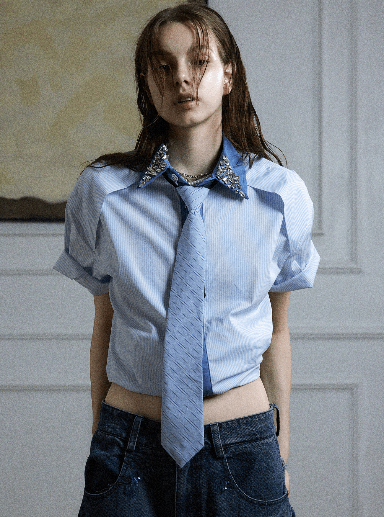 Rhinestone Collar Stripe Shirt - COPPING THREADS - ArguE CulturE