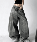 Rhinestone Letter Embroidered Baggy Jeans - COPPING THREADS - CT Select