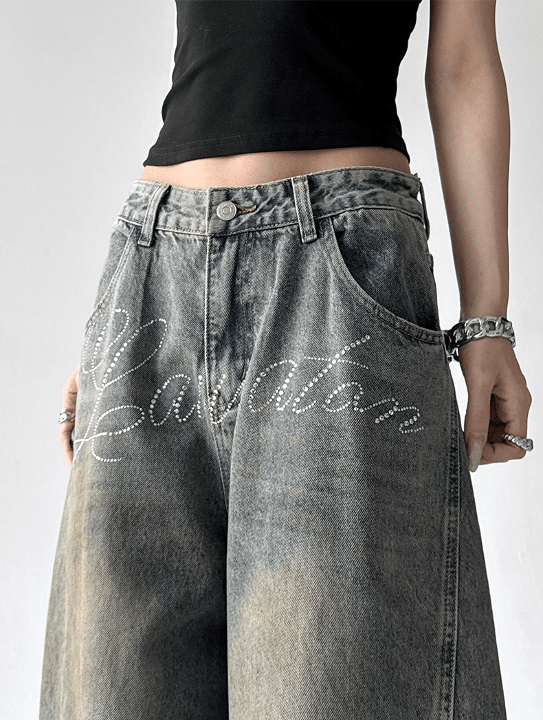 Rhinestone Letter Embroidered Baggy Jeans - COPPING THREADS - CT Select