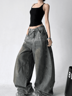 Rhinestone Letter Embroidered Baggy Jeans - COPPING THREADS - CT Select