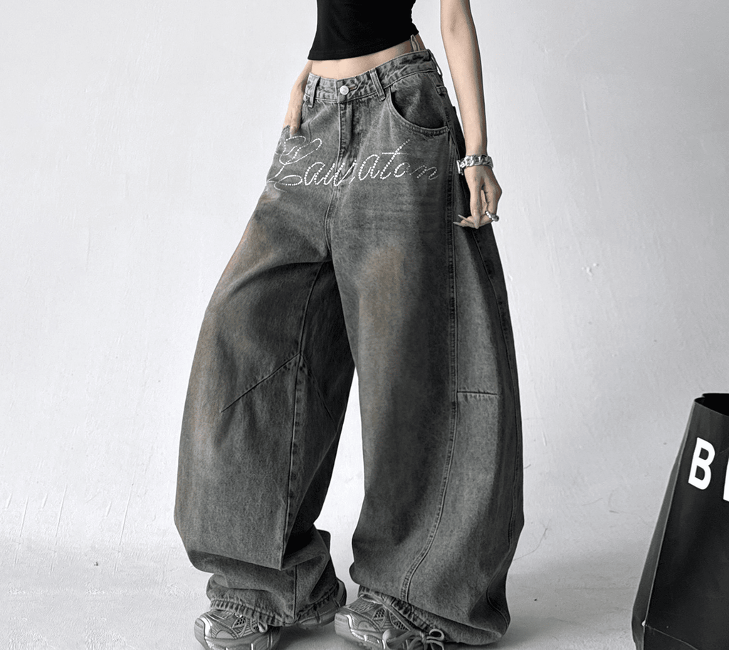 Rhinestone Letter Embroidered Baggy Jeans - COPPING THREADS - CT Select