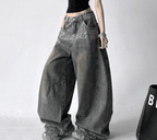 Rhinestone Letter Embroidered Baggy Jeans - COPPING THREADS - CT Select