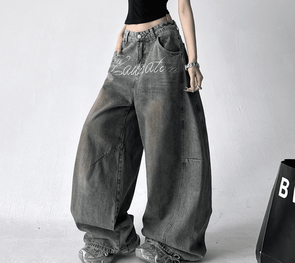 Rhinestone Letter Embroidered Baggy Jeans - COPPING THREADS - CT Select