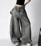 Rhinestone Letter Embroidered Baggy Jeans - COPPING THREADS - CT Select