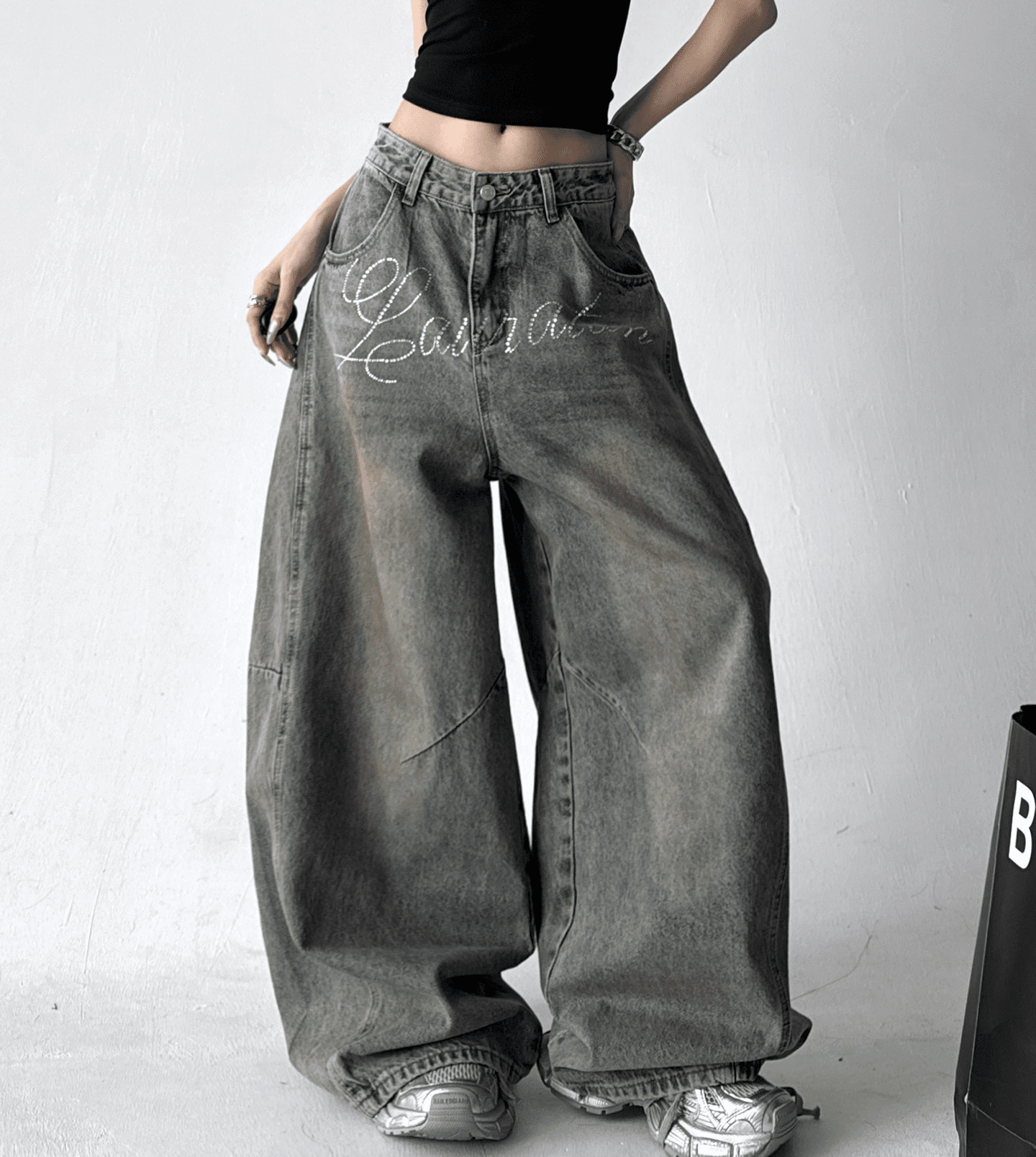 Rhinestone Letter Embroidered Baggy Jeans - COPPING THREADS - CT Select