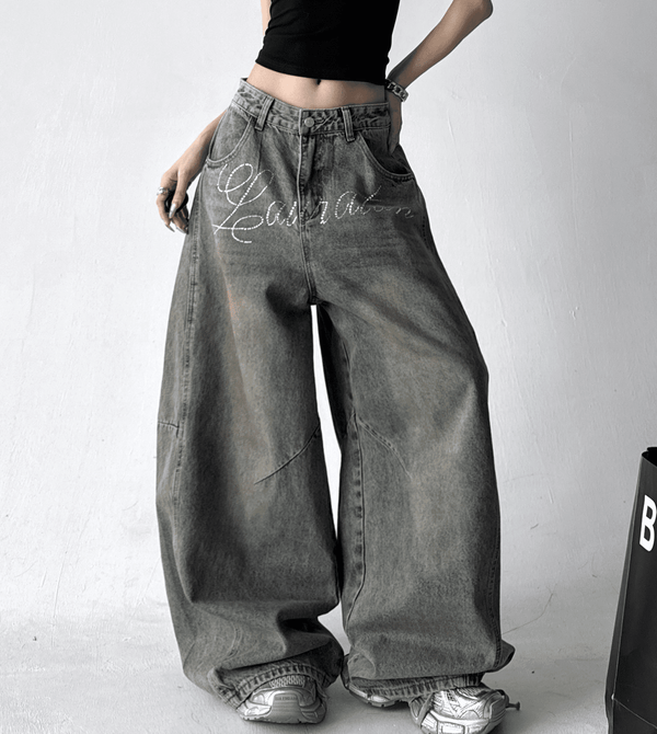 Rhinestone Letter Embroidered Baggy Jeans - COPPING THREADS - CT Select