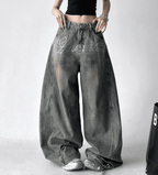 Rhinestone Letter Embroidered Baggy Jeans - COPPING THREADS - CT Select