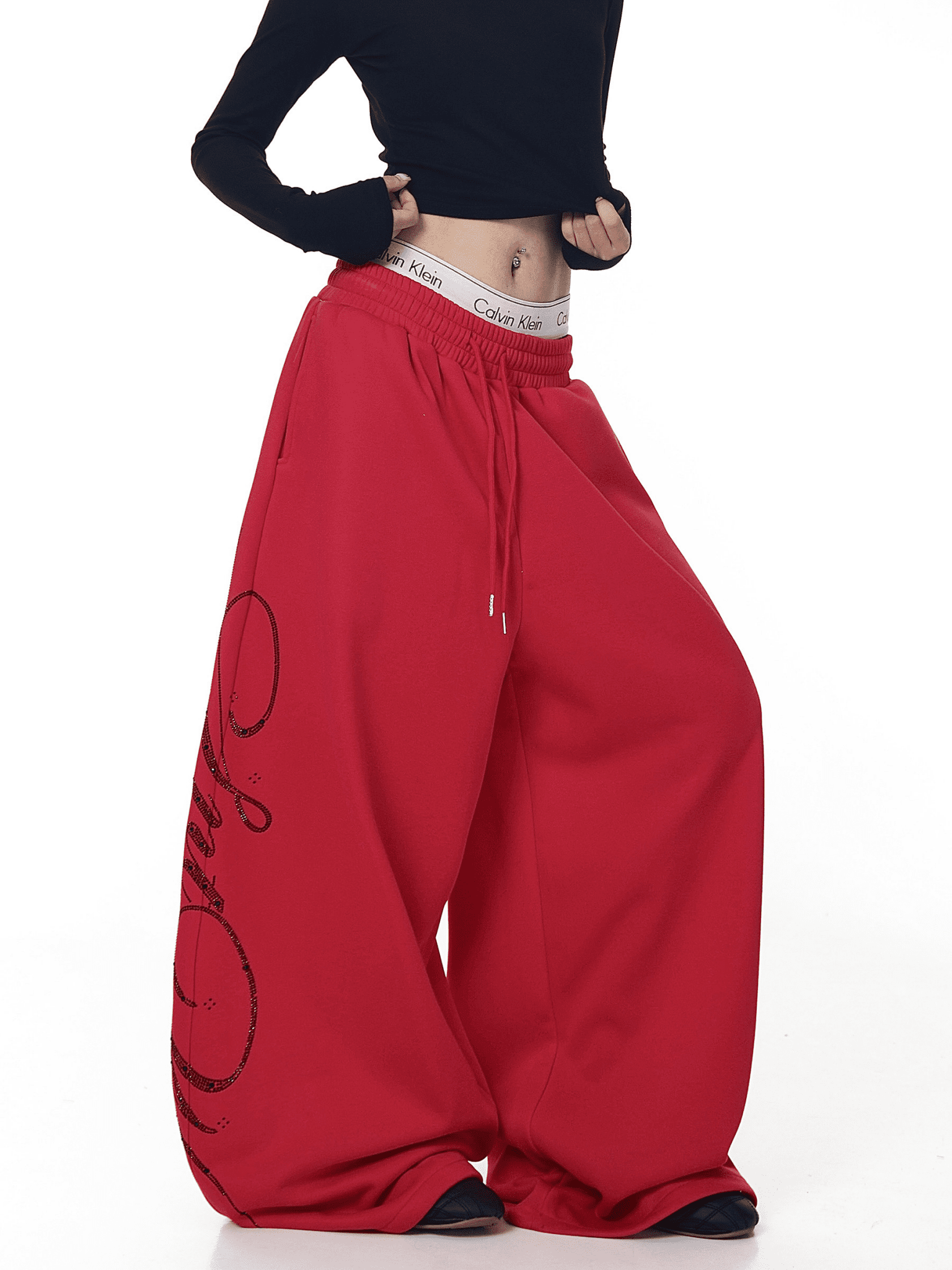 Rhinestone Script Fleece Wide Leg Sweatpants Secondary image