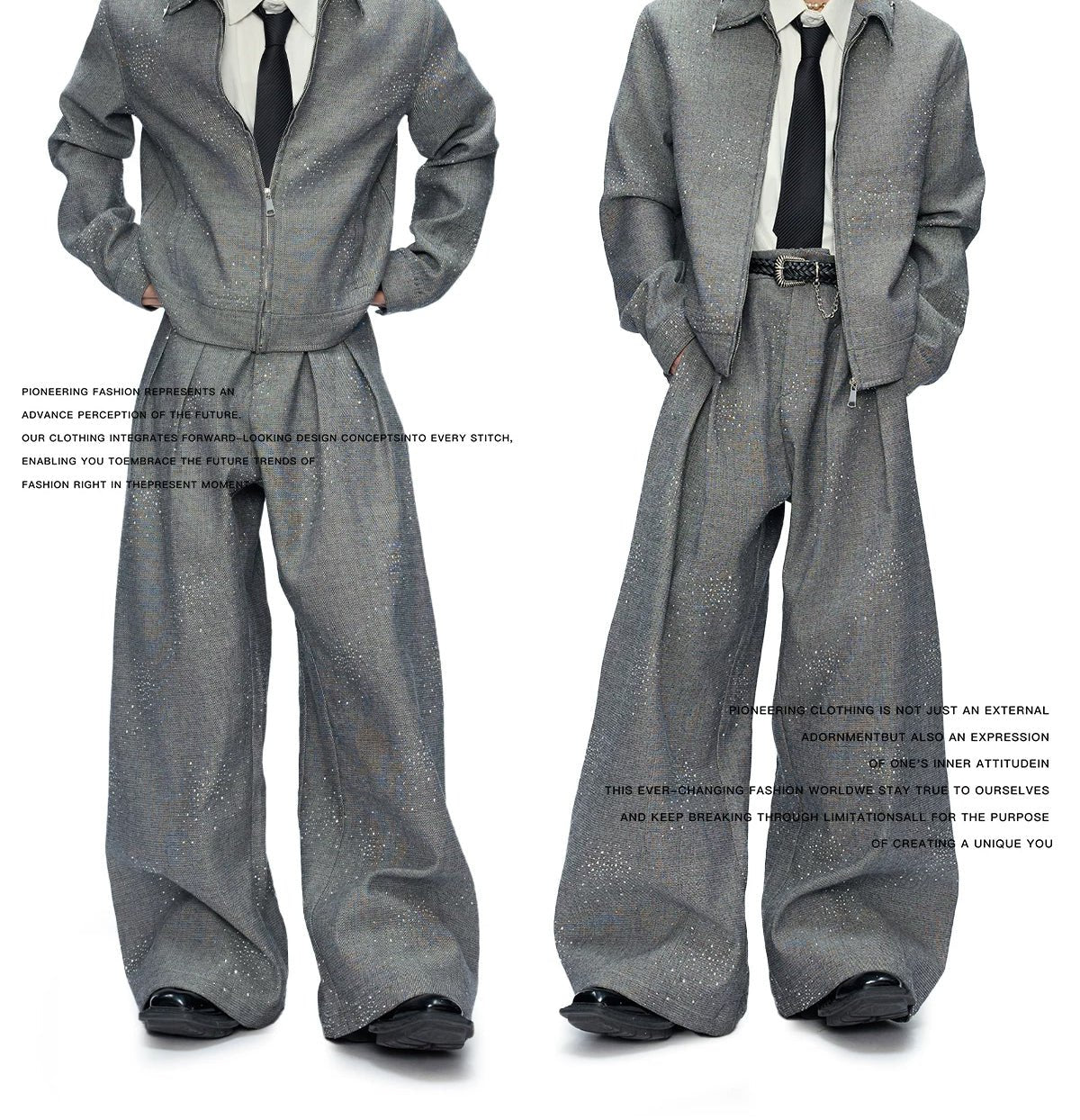 Rhinestone Shimmer Cropped Jacket and Wide-Leg Pants Set - COPPING THREADS - Argue Culture